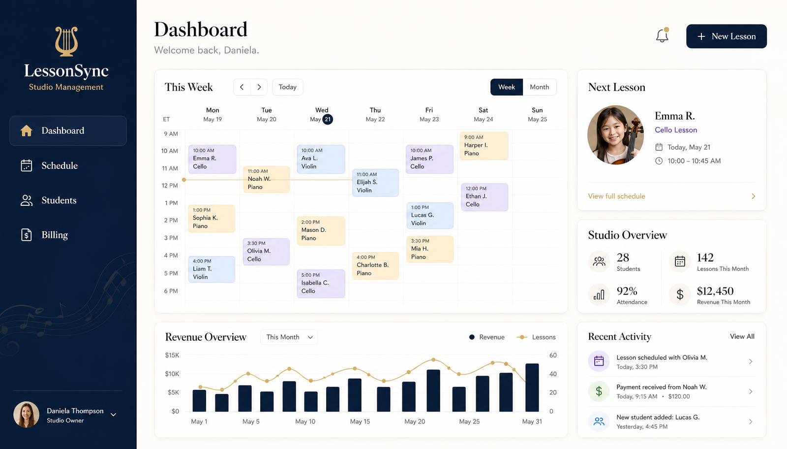 LessonSync studio dashboard previewing a weekly lesson schedule
