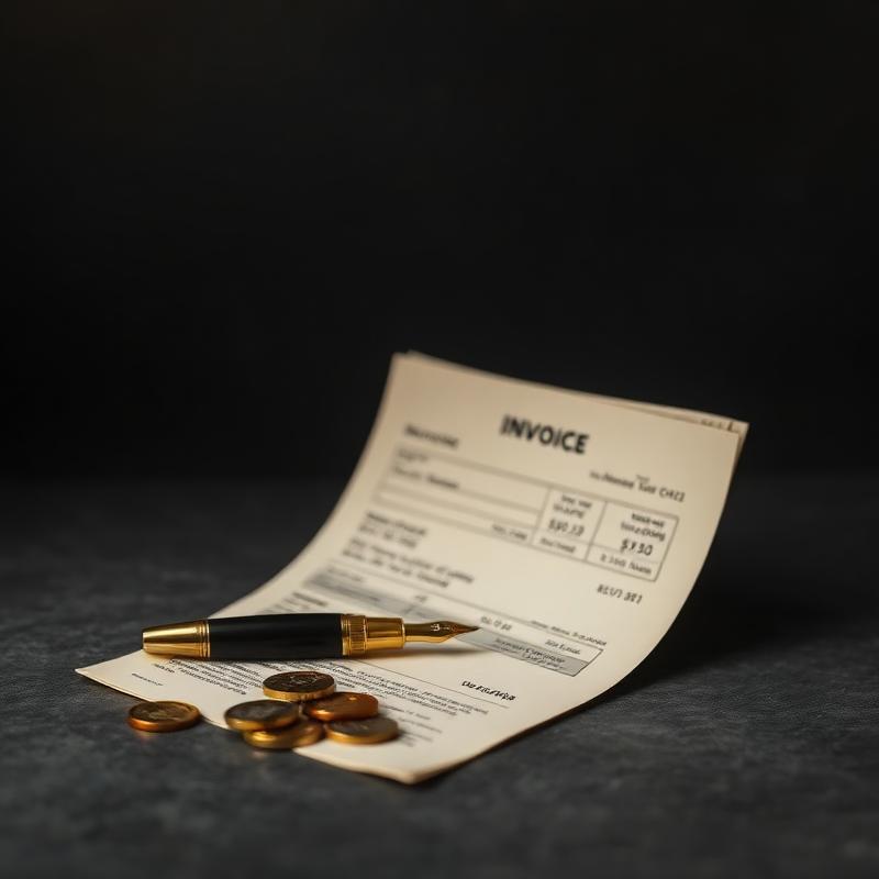 A printed invoice with a fountain pen and coins on a dark surface