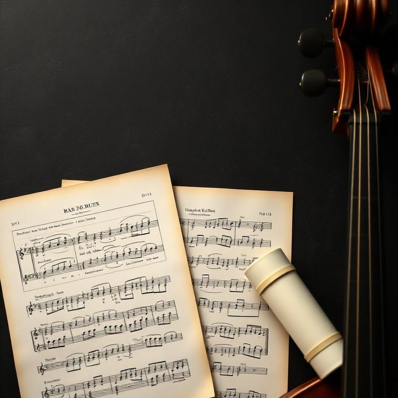Annotated sheet music pages next to the scroll of a cello